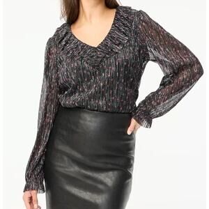 J. Crew Shimmer Ruffle V-Neck Top Black Bright Rose BV781 Size XL
